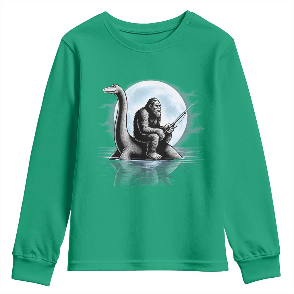 Funny Bigfoot Fishing Youth Sweatshirt Sasquatch Riding Nessie Cryptid Moon Night - Wonder Print Shop