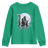 Funny Bigfoot Fishing Youth Sweatshirt Sasquatch Riding Nessie Cryptid Moon Night - Wonder Print Shop