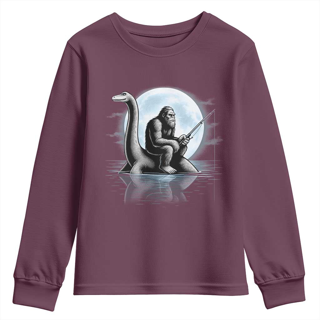 Funny Bigfoot Fishing Youth Sweatshirt Sasquatch Riding Nessie Cryptid Moon Night - Wonder Print Shop