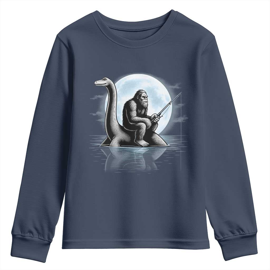 Funny Bigfoot Fishing Youth Sweatshirt Sasquatch Riding Nessie Cryptid Moon Night - Wonder Print Shop