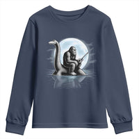 Funny Bigfoot Fishing Youth Sweatshirt Sasquatch Riding Nessie Cryptid Moon Night - Wonder Print Shop