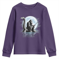 Funny Bigfoot Fishing Youth Sweatshirt Sasquatch Riding Nessie Cryptid Moon Night - Wonder Print Shop