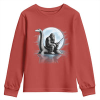 Funny Bigfoot Fishing Youth Sweatshirt Sasquatch Riding Nessie Cryptid Moon Night - Wonder Print Shop