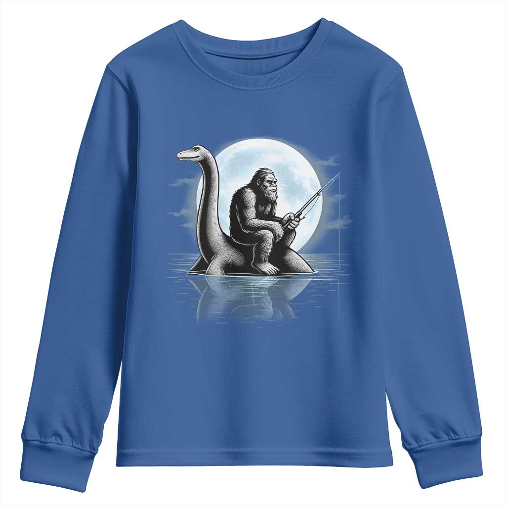 Funny Bigfoot Fishing Youth Sweatshirt Sasquatch Riding Nessie Cryptid Moon Night - Wonder Print Shop