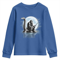 Funny Bigfoot Fishing Youth Sweatshirt Sasquatch Riding Nessie Cryptid Moon Night - Wonder Print Shop