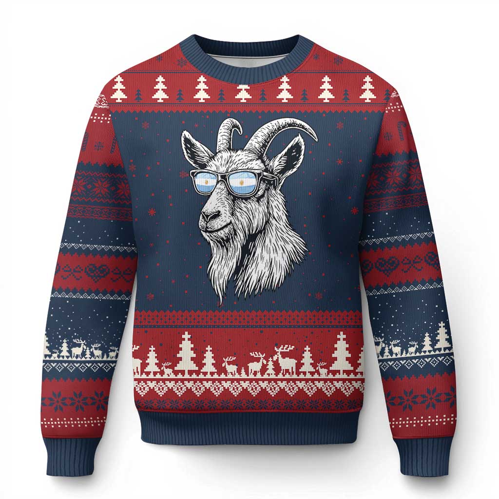 Cool Goat With Sunglasses Argentinian Flag Ugly Christmas Sweater Argentina Soccer Football Game Day Supporter
