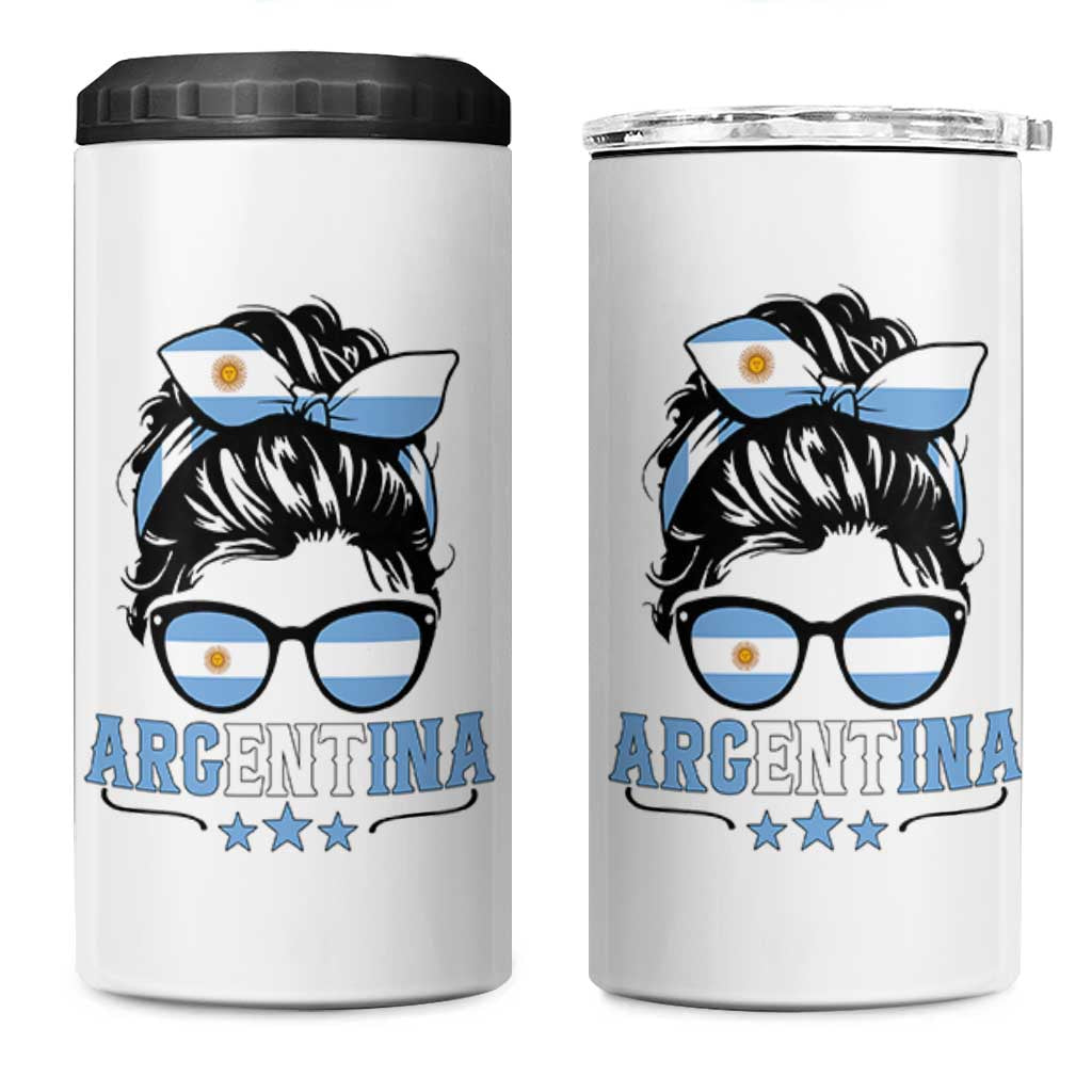 Argentina Messy Bun Proud Argentinian Flag 4 in 1 Can Cooler Tumbler
