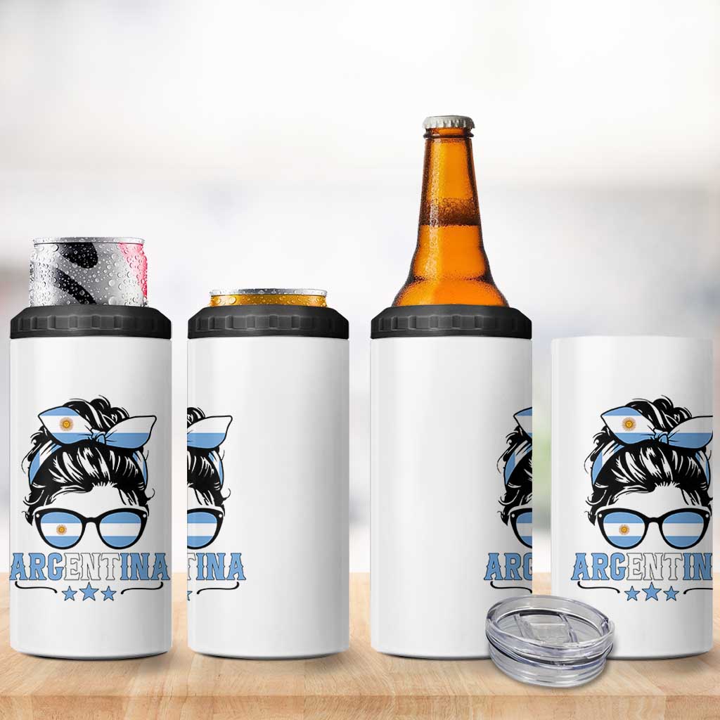 Argentina Messy Bun Proud Argentinian Flag 4 in 1 Can Cooler Tumbler
