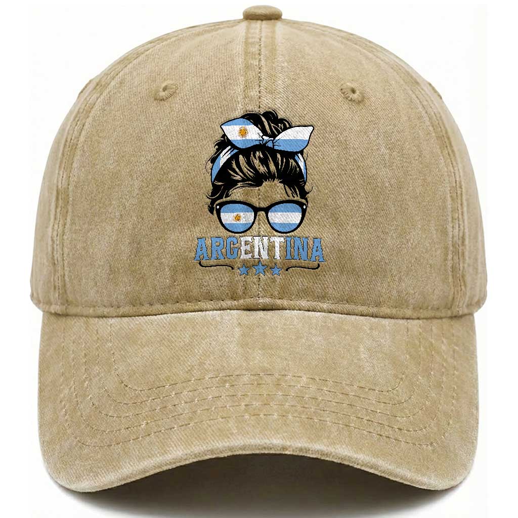 Argentina Messy Bun Proud Argentinian Flag Washed Cotton Baseball Cap