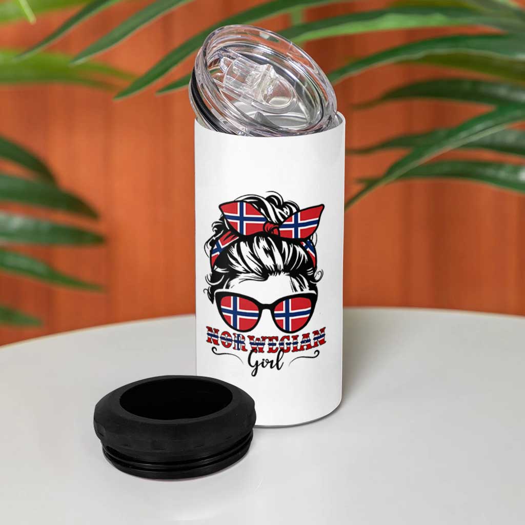 Norway Messy Bun Girl Norwegian Flag 4 in 1 Can Cooler Tumbler