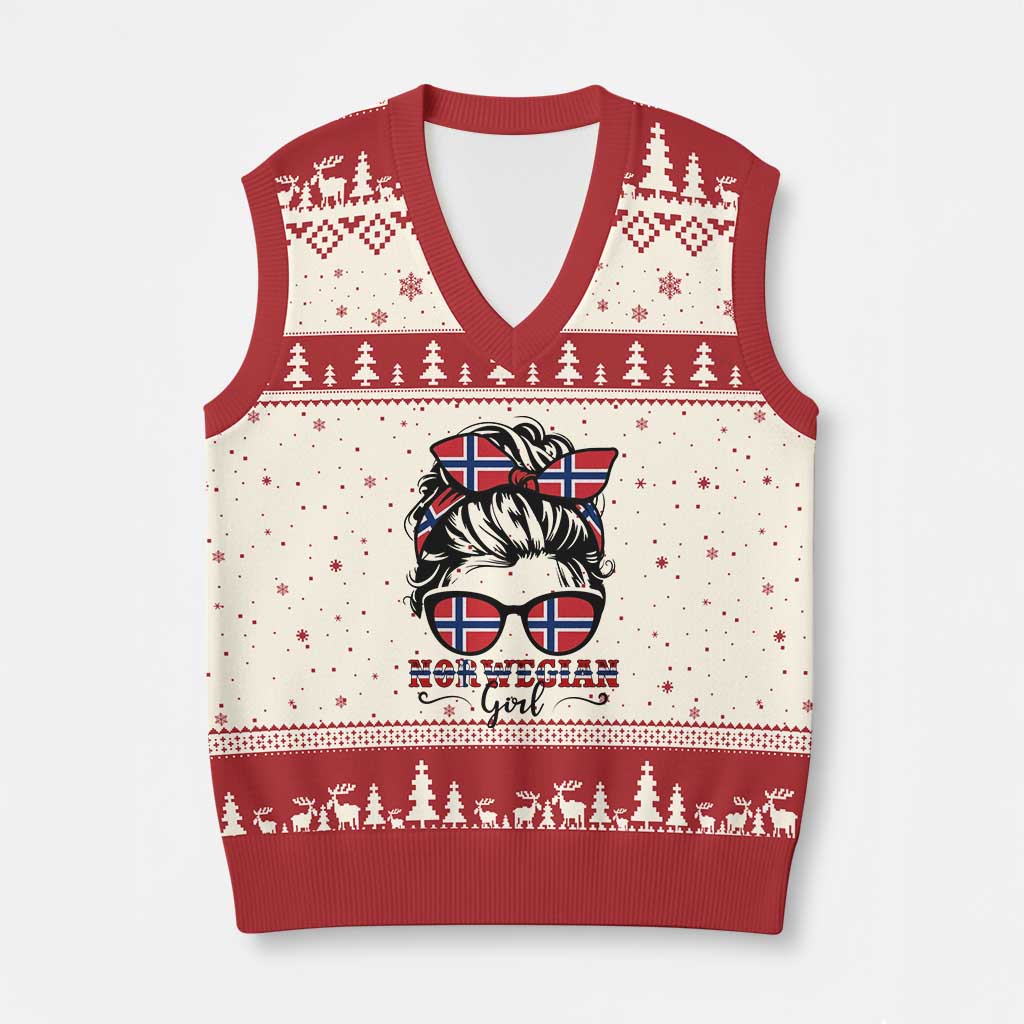 Norway Messy Bun Girl Norwegian Flag V-Neck Knit Sweater Vest