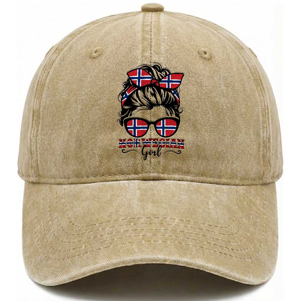 Norway Messy Bun Girl Norwegian Flag Washed Cotton Baseball Cap