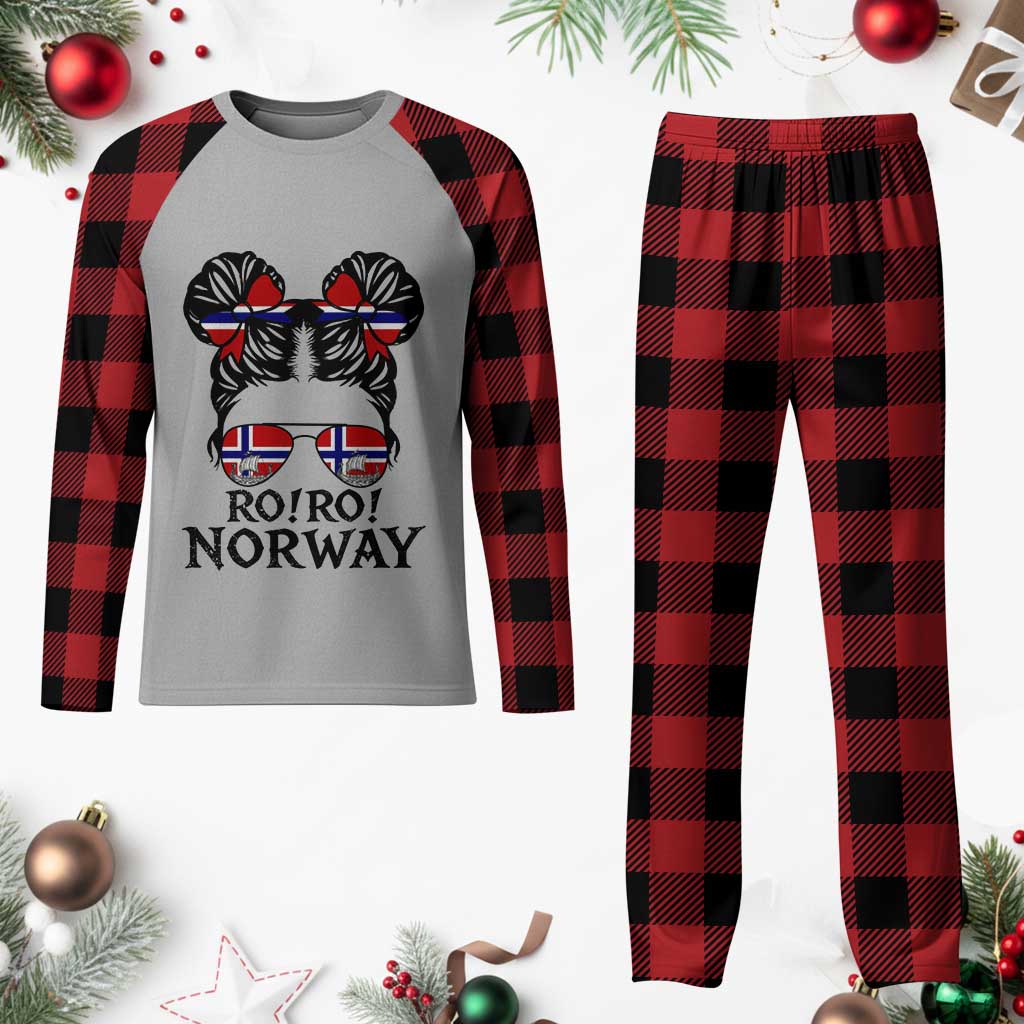 Ro Ro Norwegian Viking Ship Plaid Pajama Set Norway Flag Messy Bun Girl