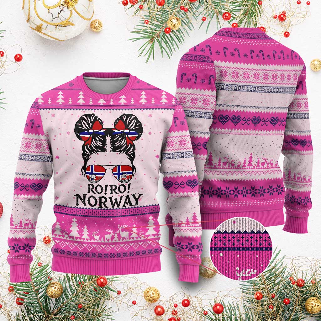 Ro Ro Norwegian Viking Ship Ugly Christmas Sweater Norway Flag Messy Bun Girl