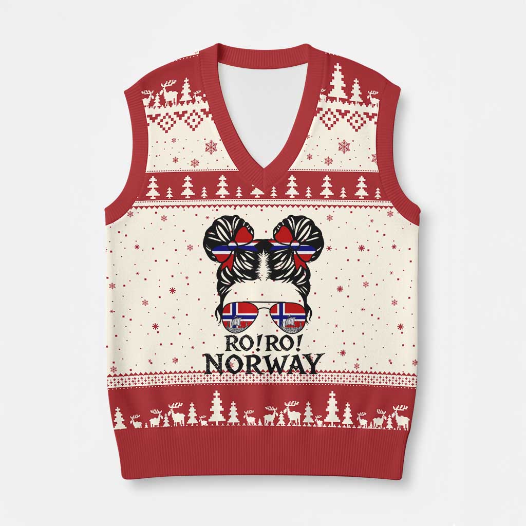 Ro Ro Norwegian Viking Ship V-Neck Knit Sweater Vest Norway Flag Messy Bun Girl