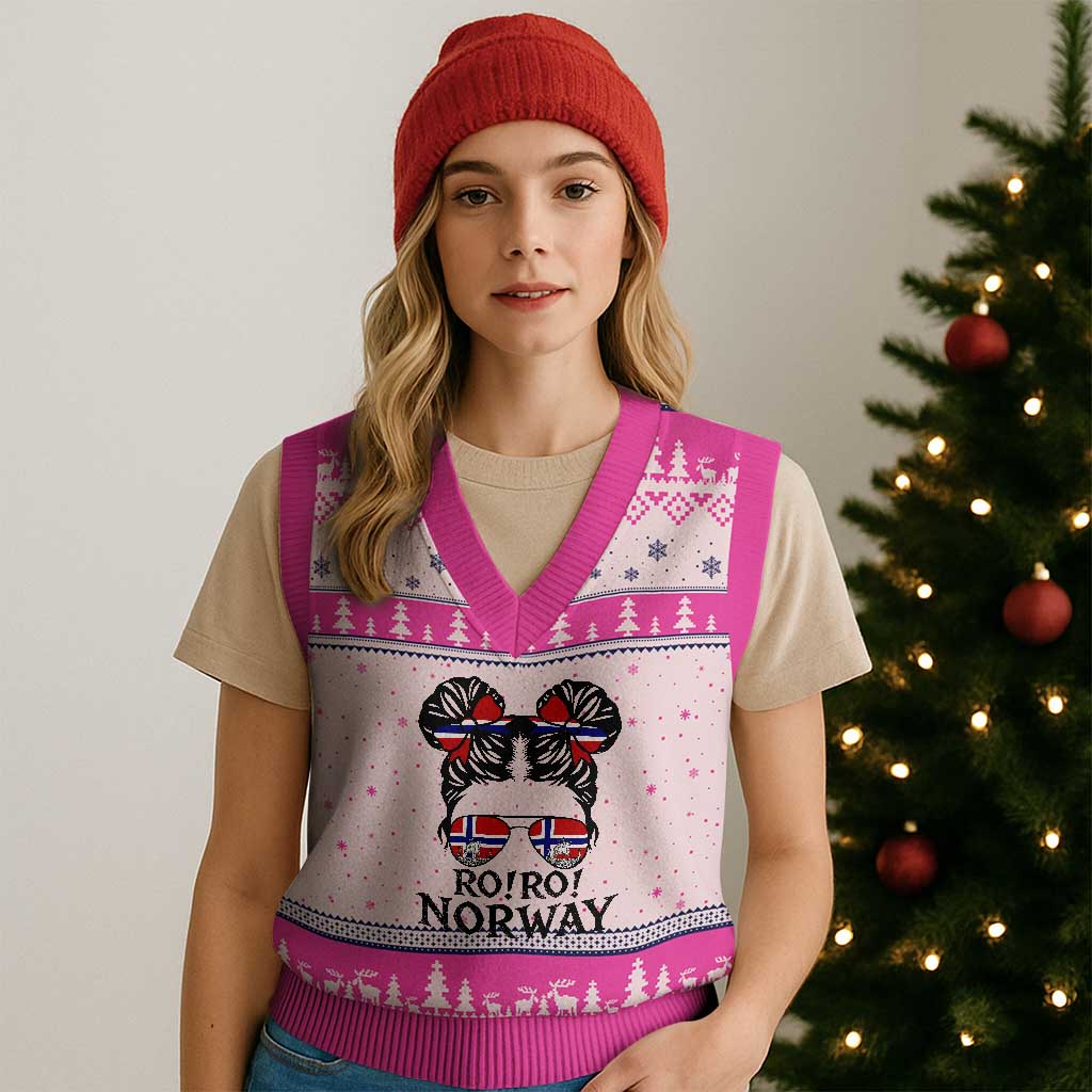 Ro Ro Norwegian Viking Ship V-Neck Knit Sweater Vest Norway Flag Messy Bun Girl