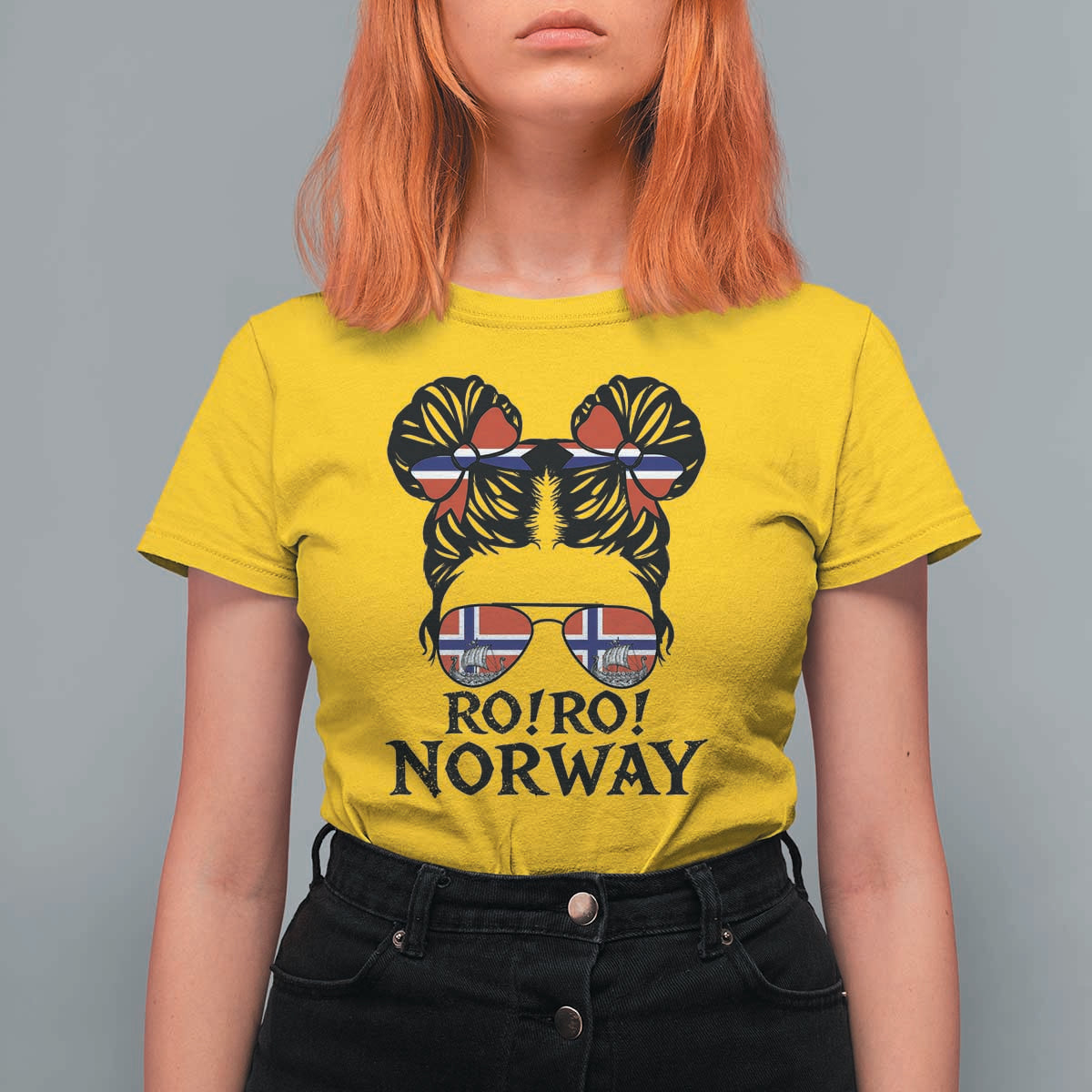 Ro Ro Norwegian Viking Ship T Shirt For Women Norway Flag Messy Bun Girl