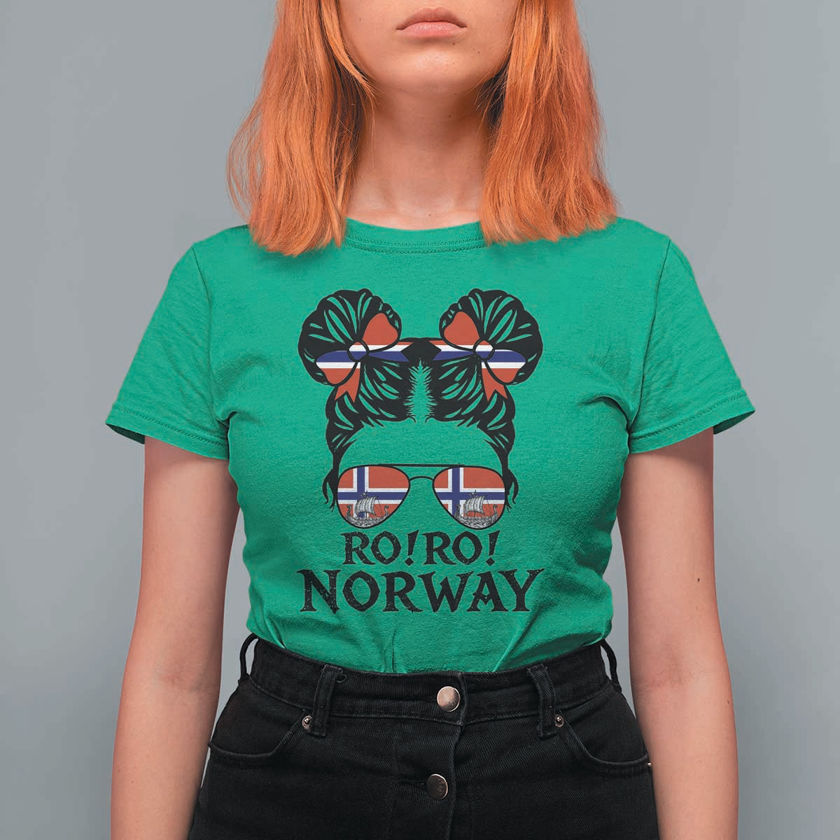 Ro Ro Norwegian Viking Ship T Shirt For Women Norway Flag Messy Bun Girl