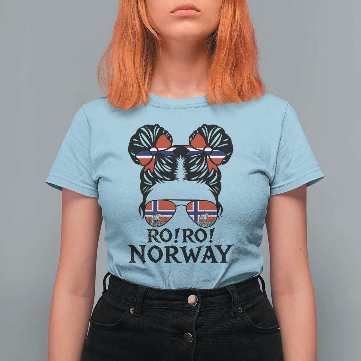 Ro Ro Norwegian Viking Ship T Shirt For Women Norway Flag Messy Bun Girl