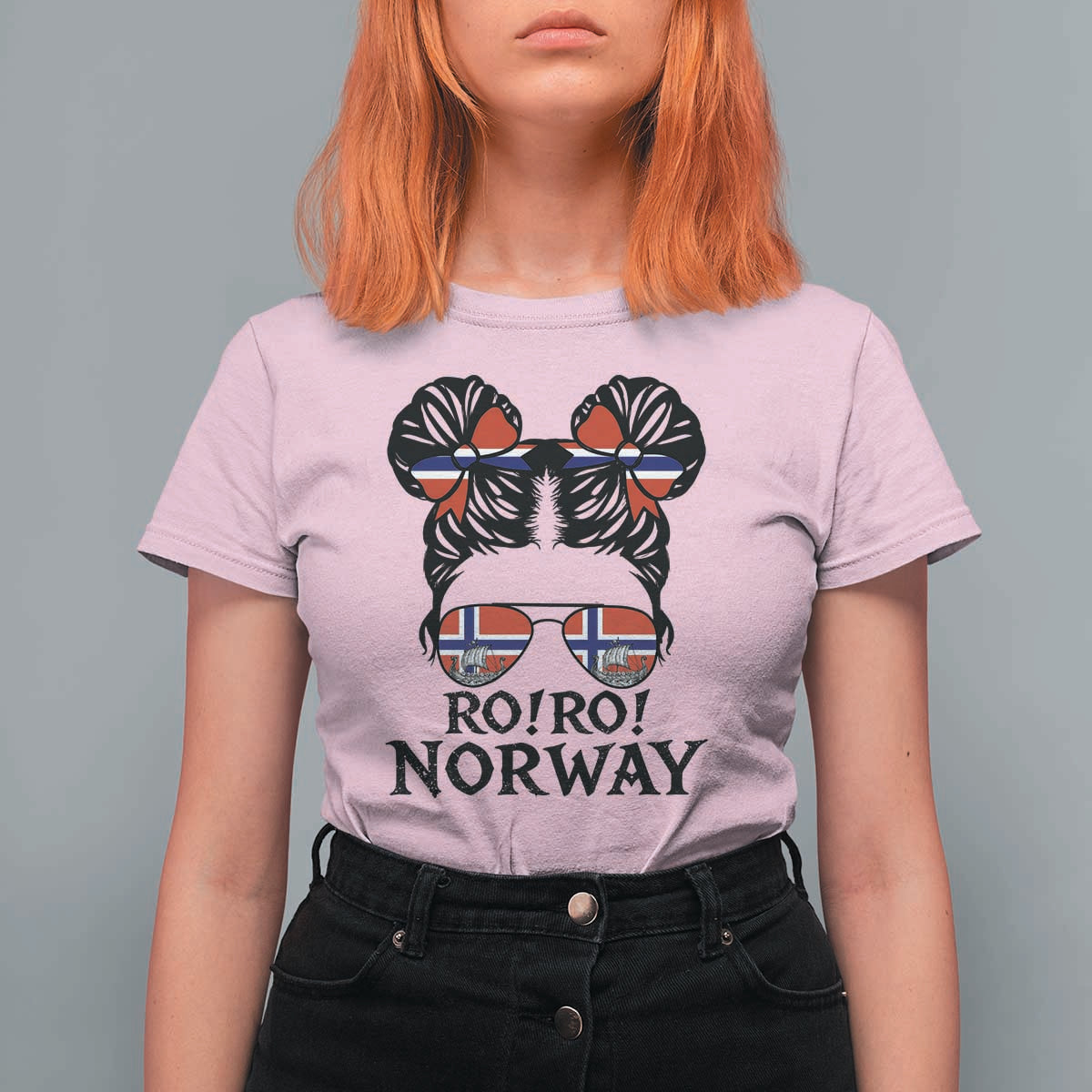 Ro Ro Norwegian Viking Ship T Shirt For Women Norway Flag Messy Bun Girl