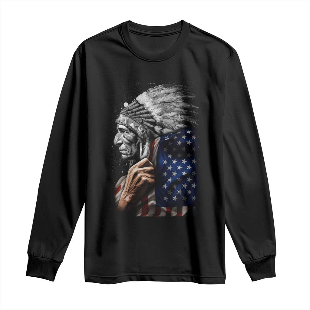 Indian Chief Native American USA Flag Long Sleeve Shirt - Wonder Print Shop