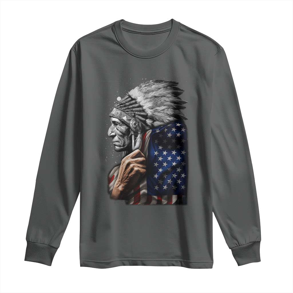 Indian Chief Native American USA Flag Long Sleeve Shirt - Wonder Print Shop