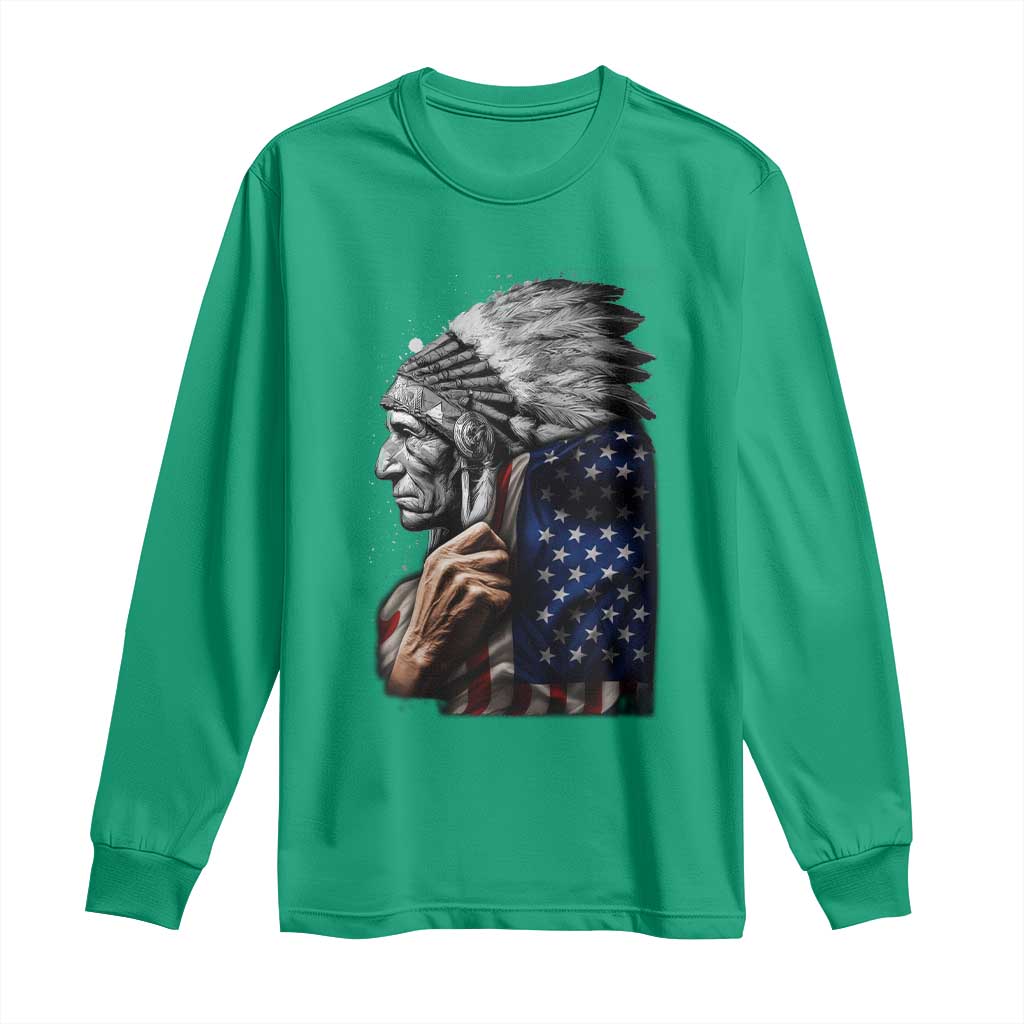 Indian Chief Native American USA Flag Long Sleeve Shirt - Wonder Print Shop