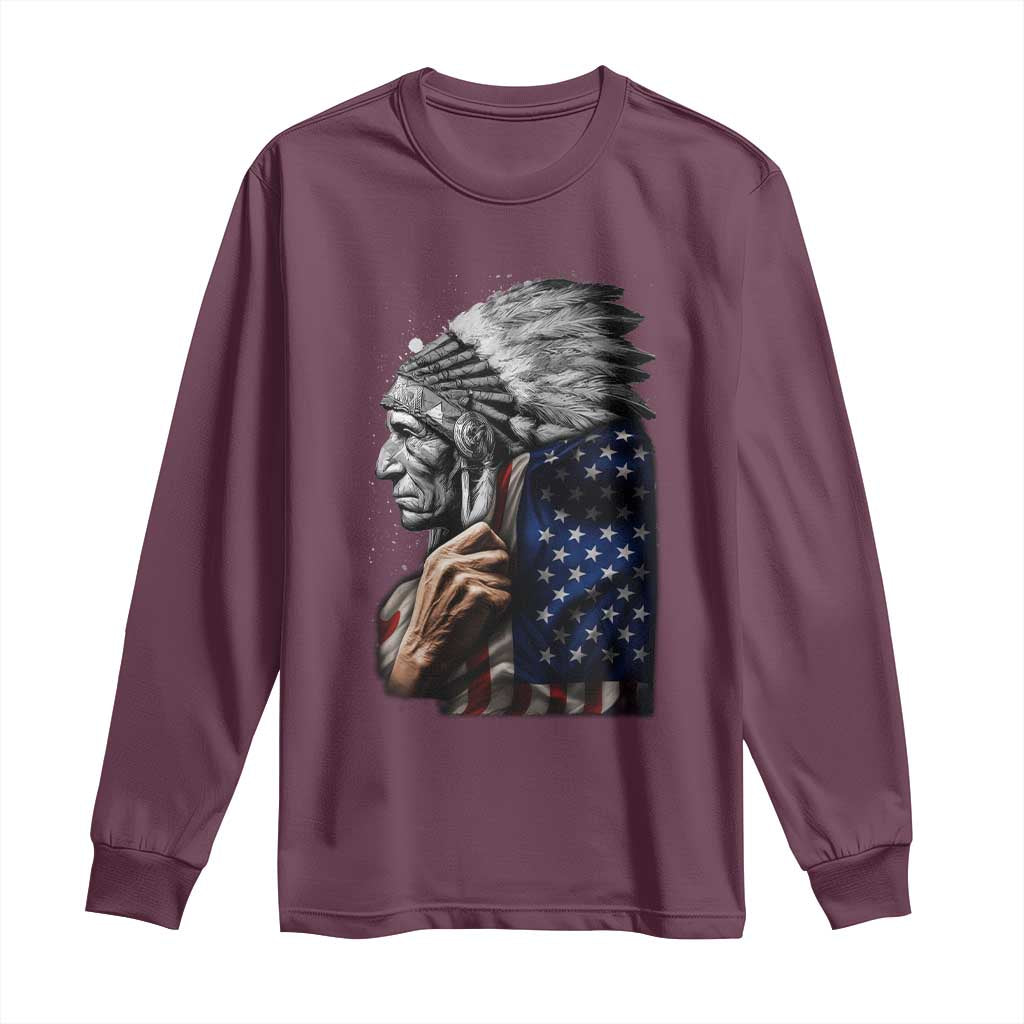 Indian Chief Native American USA Flag Long Sleeve Shirt - Wonder Print Shop