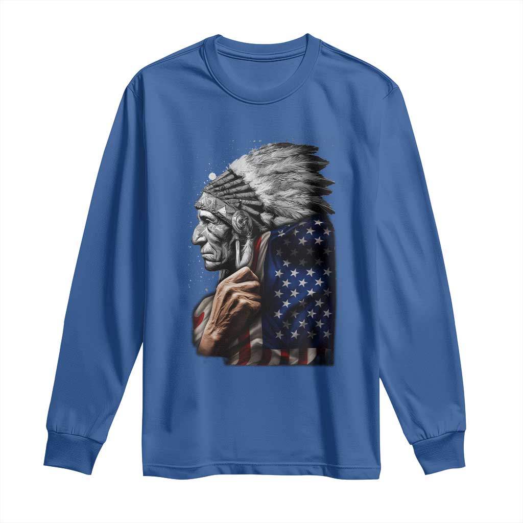 Indian Chief Native American USA Flag Long Sleeve Shirt - Wonder Print Shop