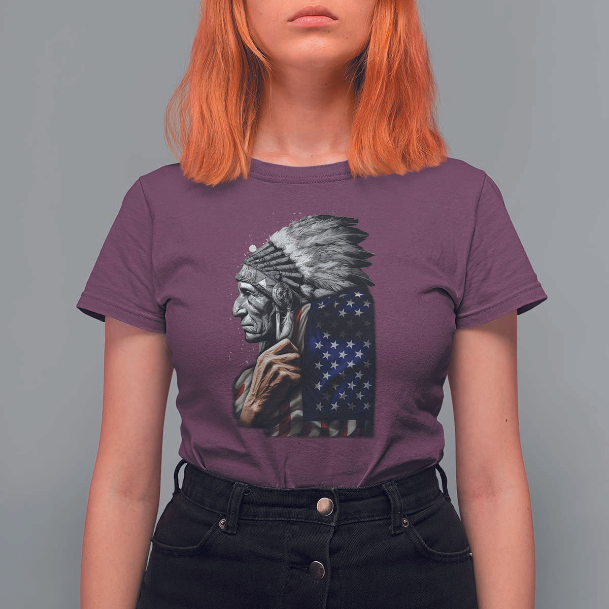 Indian Chief Native American USA Flag T Shirt For Women - Wonder Print Shop