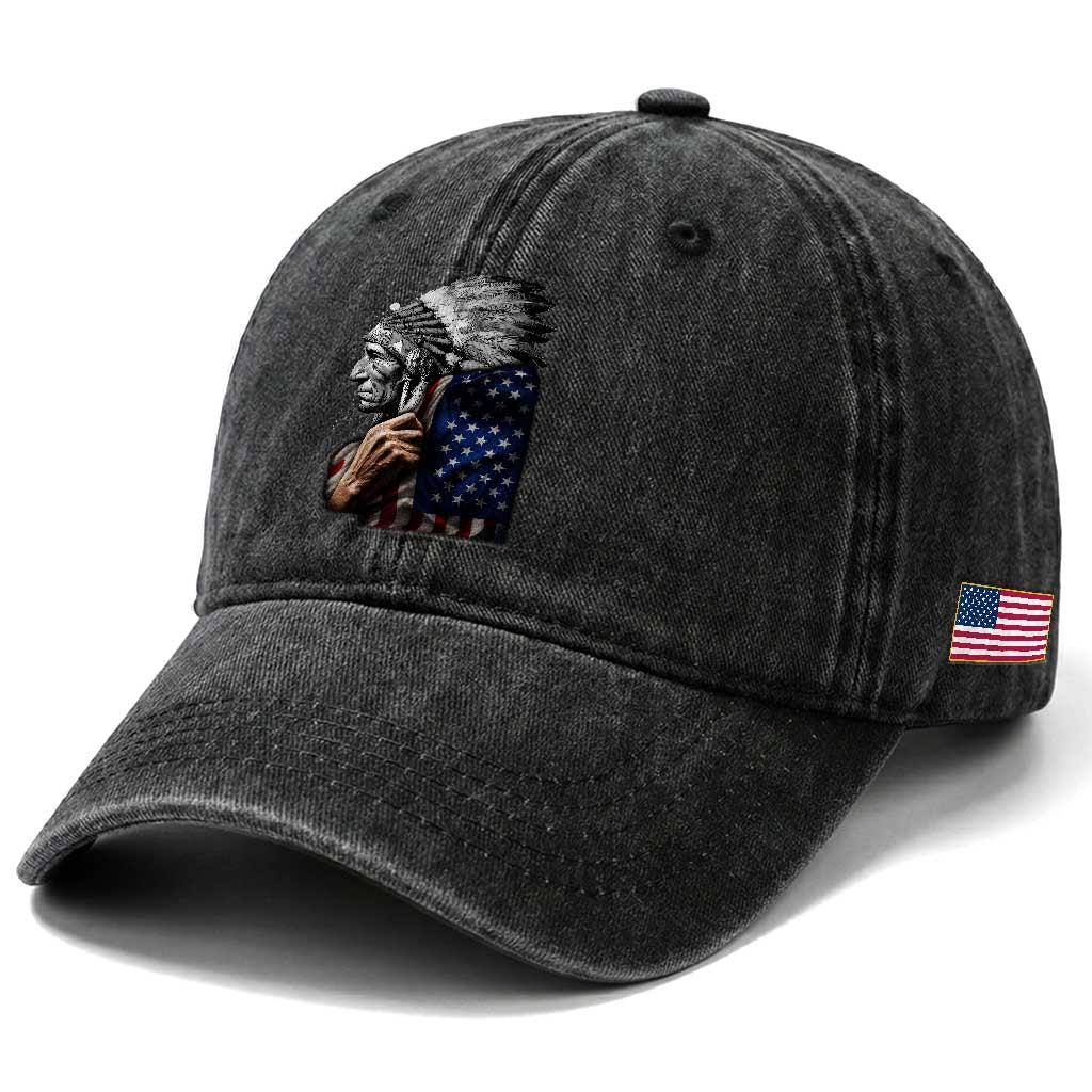 Indian Chief Native American USA Flag Washed Cotton Baseball Cap