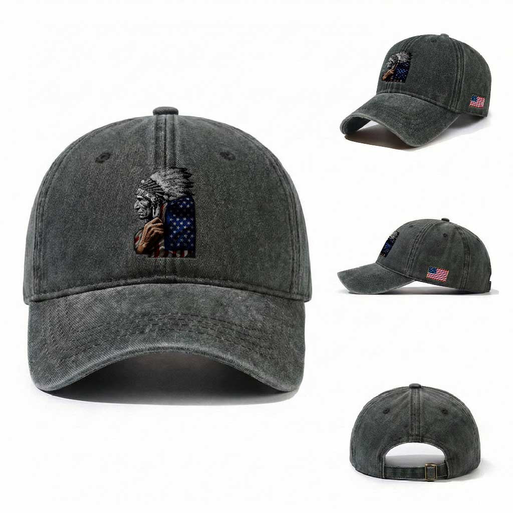 Indian Chief Native American USA Flag Washed Cotton Baseball Cap