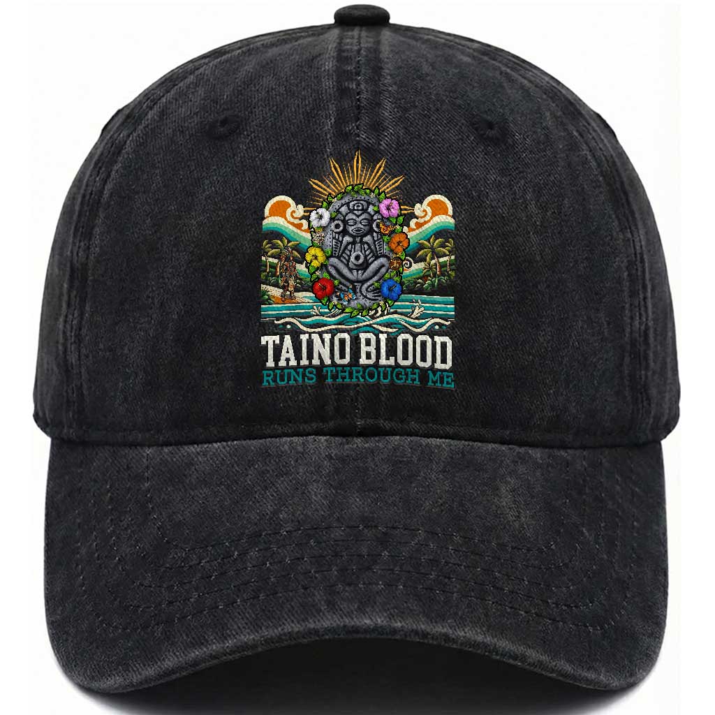 Indigenous Taino Warrior Puerto Rico Carribbean Culture Washed Cotton Baseball Cap Taino Blood Runs Through Me
