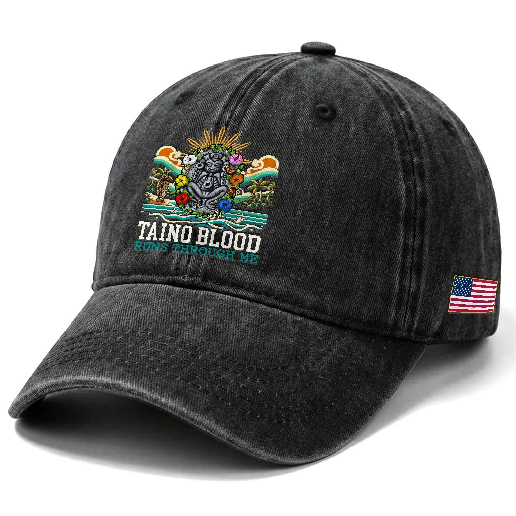 Indigenous Taino Warrior Puerto Rico Carribbean Culture Washed Cotton Baseball Cap Taino Blood Runs Through Me