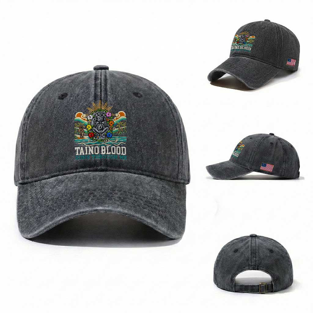 Indigenous Taino Warrior Puerto Rico Carribbean Culture Washed Cotton Baseball Cap Taino Blood Runs Through Me