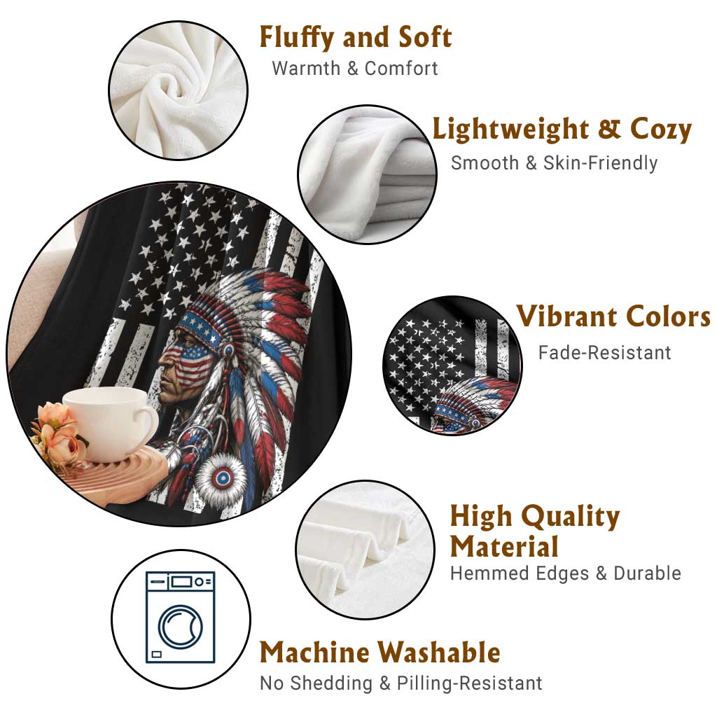 Indigenous People Tribal CG Native American Indian Chief American USA Flag Throw Blanket