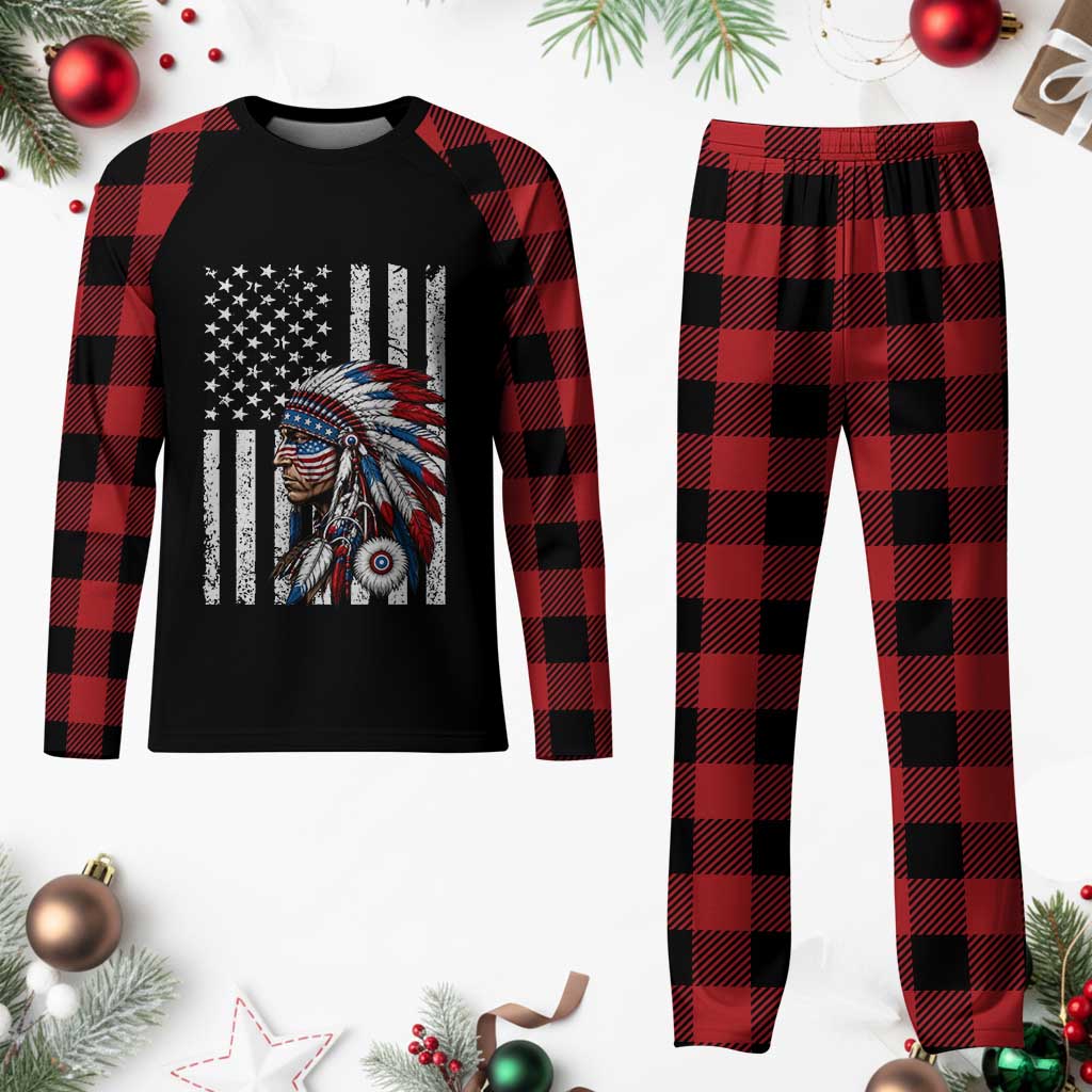 Indigenous People Tribal CG Native American Indian Chief American USA Flag Plaid Pajama Set