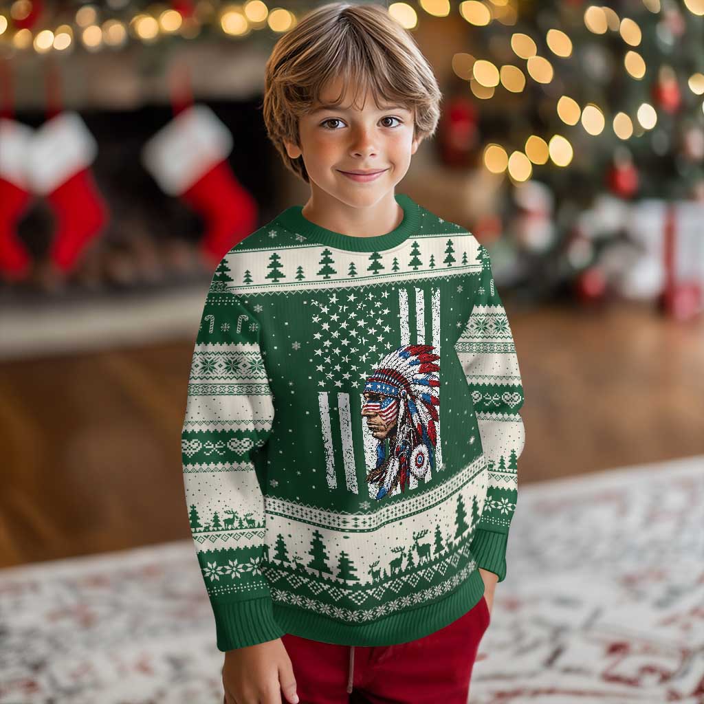 Indigenous People Tribal CG Native American Indian Chief American USA Flag Ugly Christmas Sweater