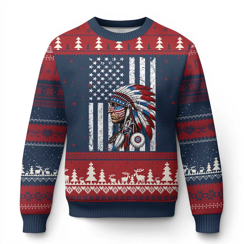 Indigenous People Tribal CG Native American Indian Chief American USA Flag Ugly Christmas Sweater