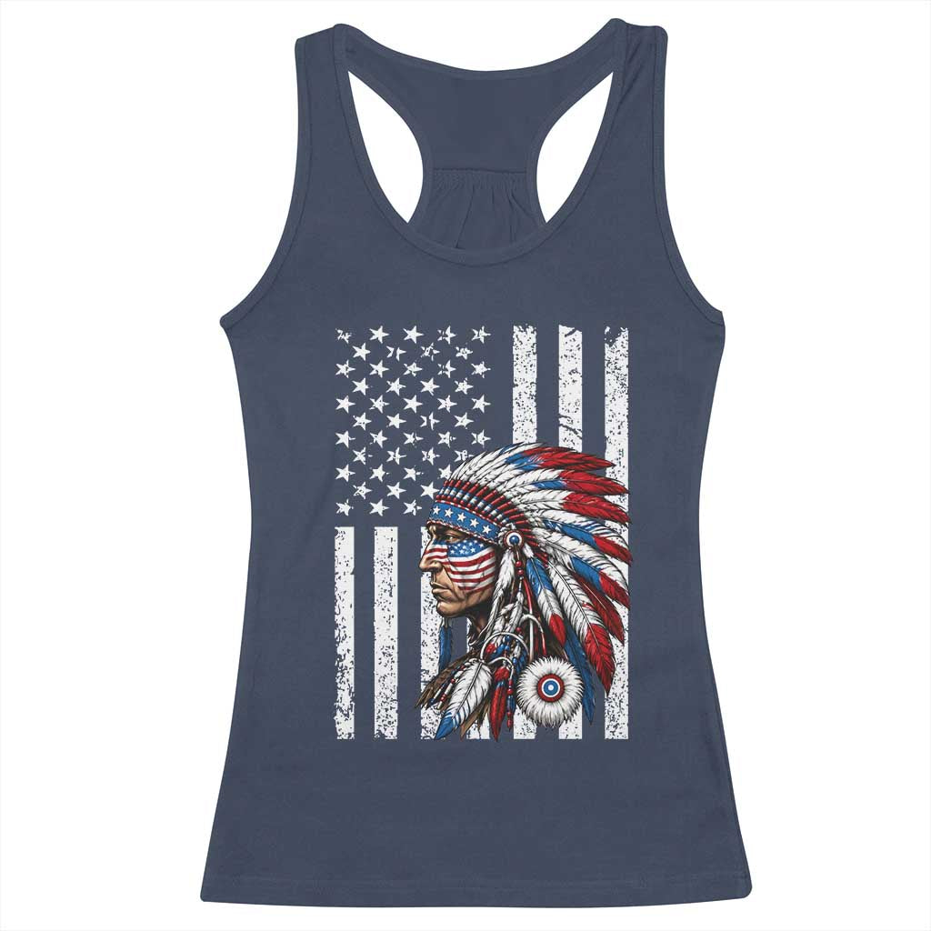 Indigenous People Tribal CG Native American Indian Chief American USA Flag Racerback Tank Top
