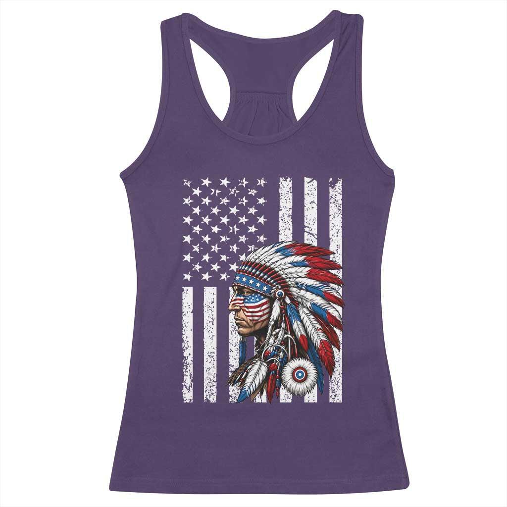 Indigenous People Tribal CG Native American Indian Chief American USA Flag Racerback Tank Top