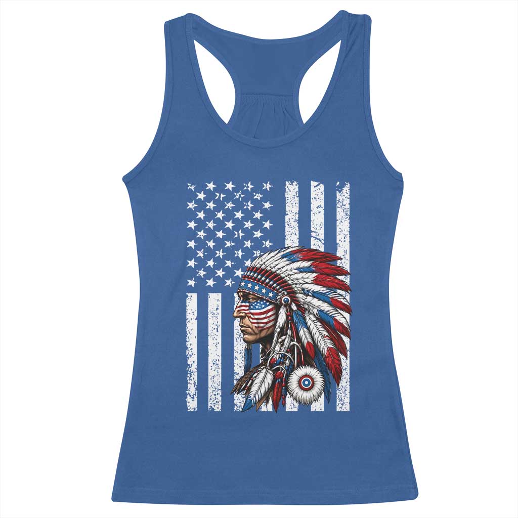 Indigenous People Tribal CG Native American Indian Chief American USA Flag Racerback Tank Top