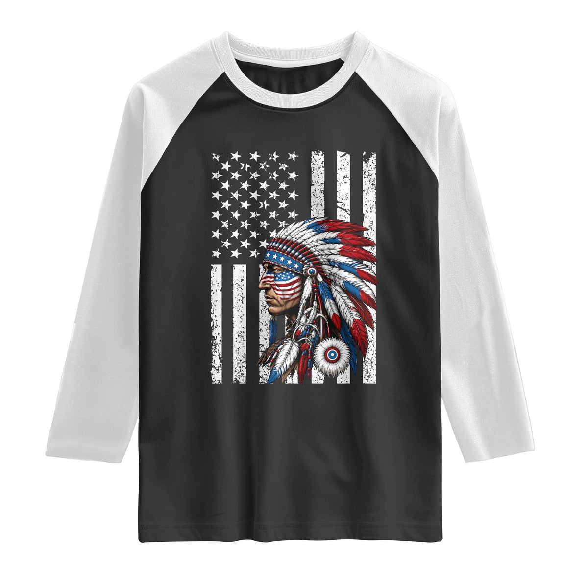Indigenous People Tribal CG Native American Indian Chief American USA Flag Raglan Shirt