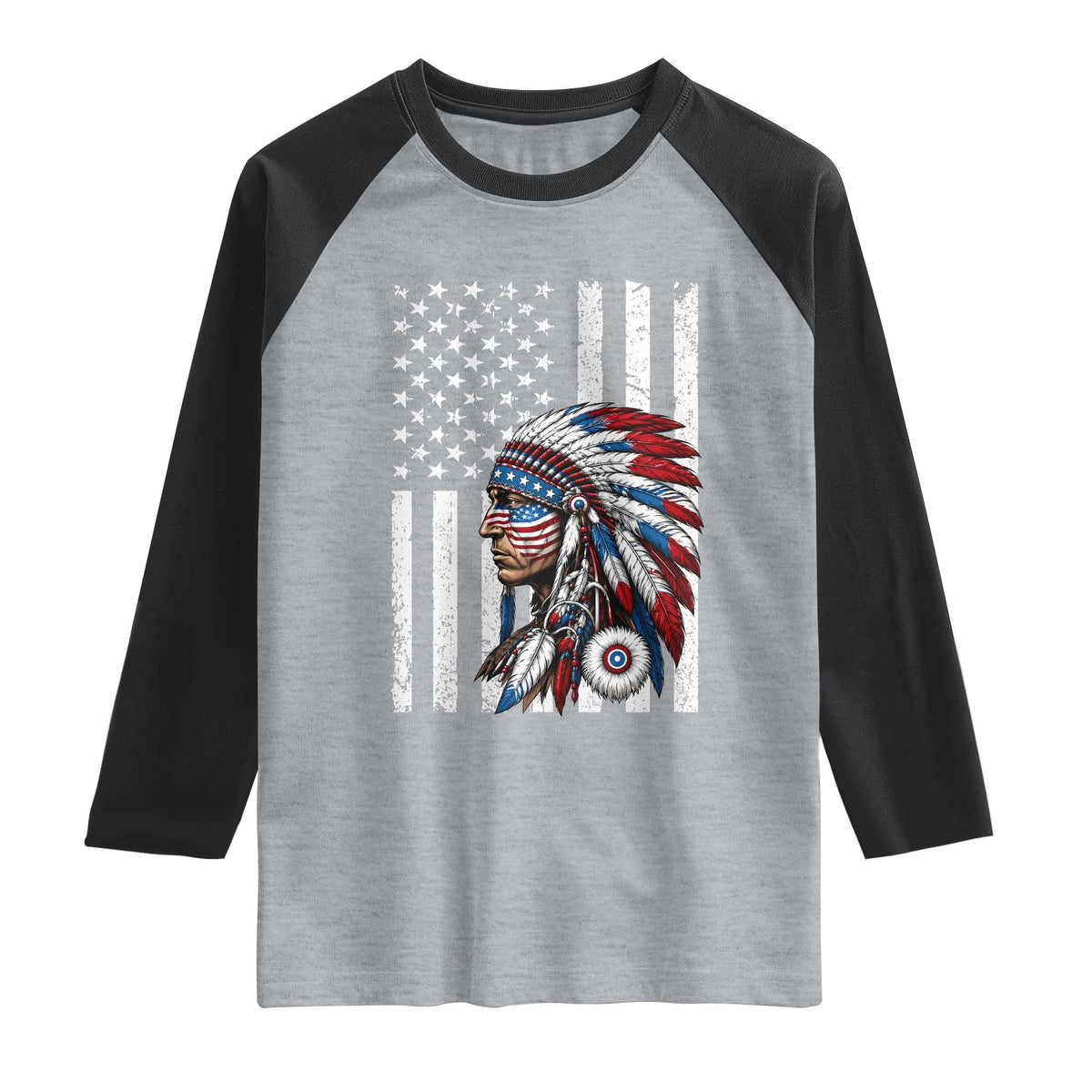Indigenous People Tribal CG Native American Indian Chief American USA Flag Raglan Shirt