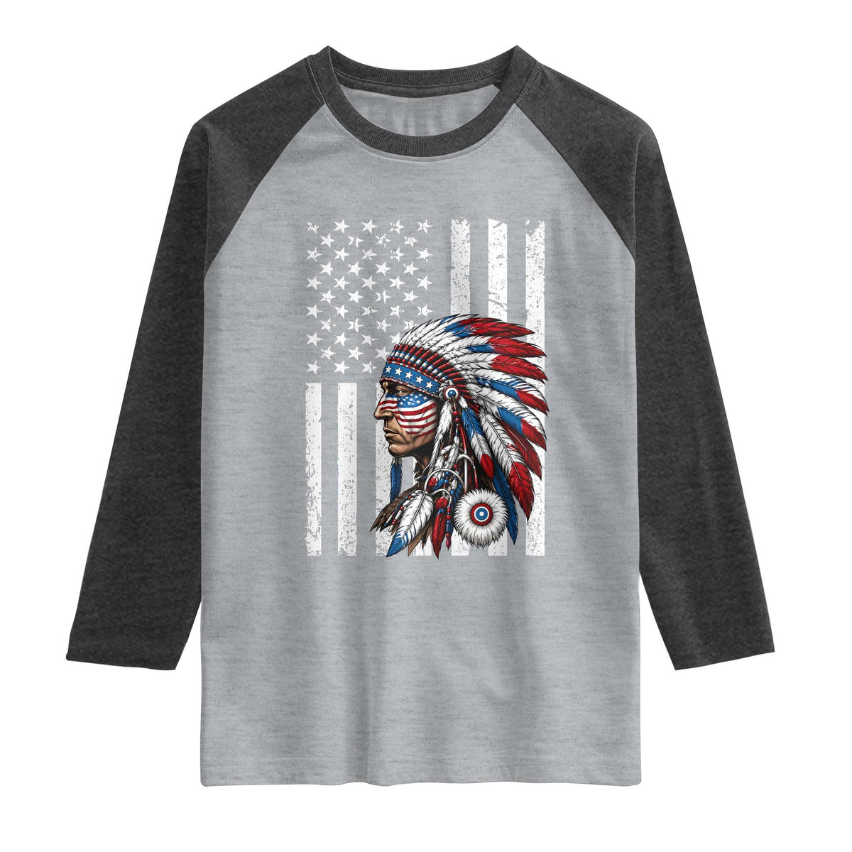 Indigenous People Tribal CG Native American Indian Chief American USA Flag Raglan Shirt