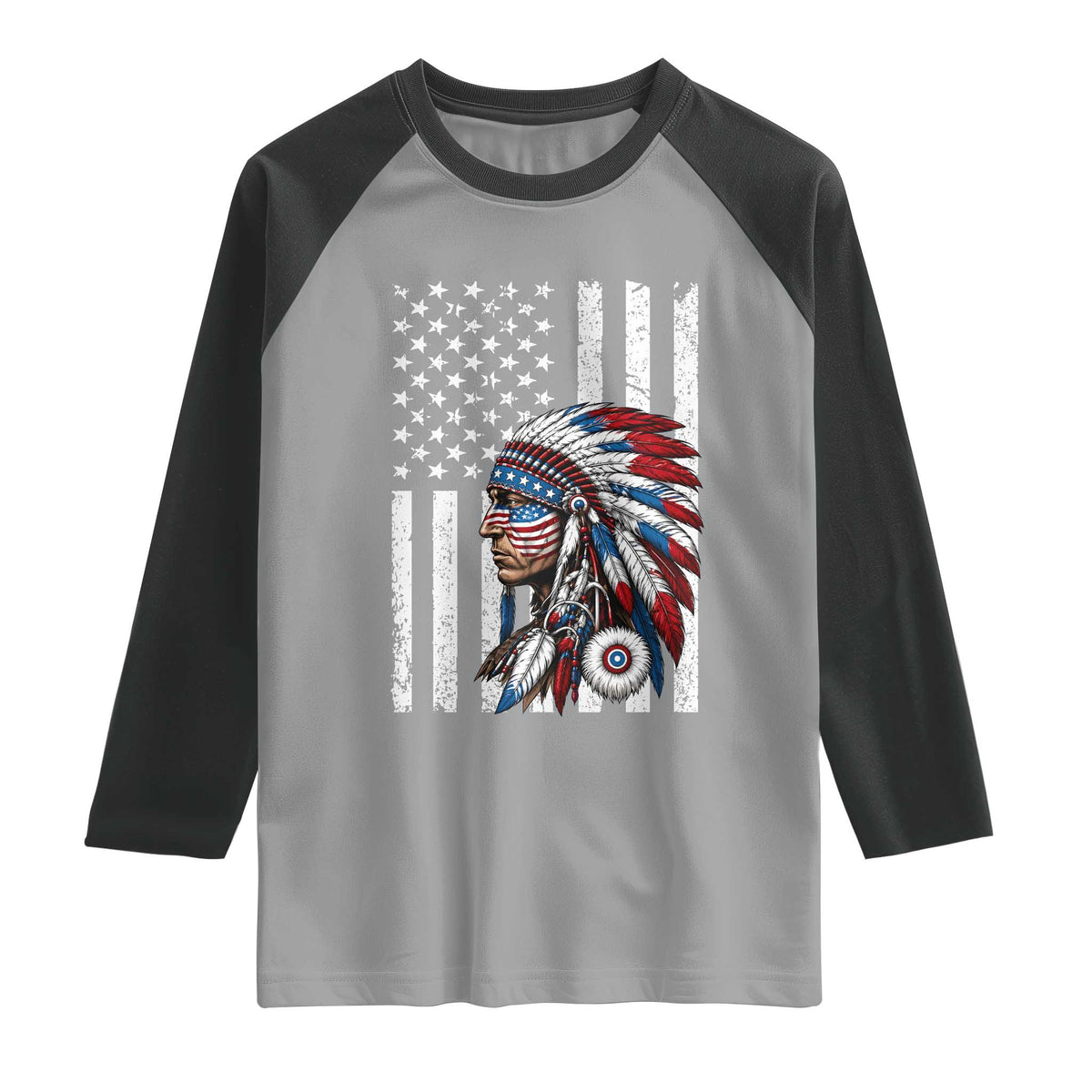 Indigenous People Tribal CG Native American Indian Chief American USA Flag Raglan Shirt