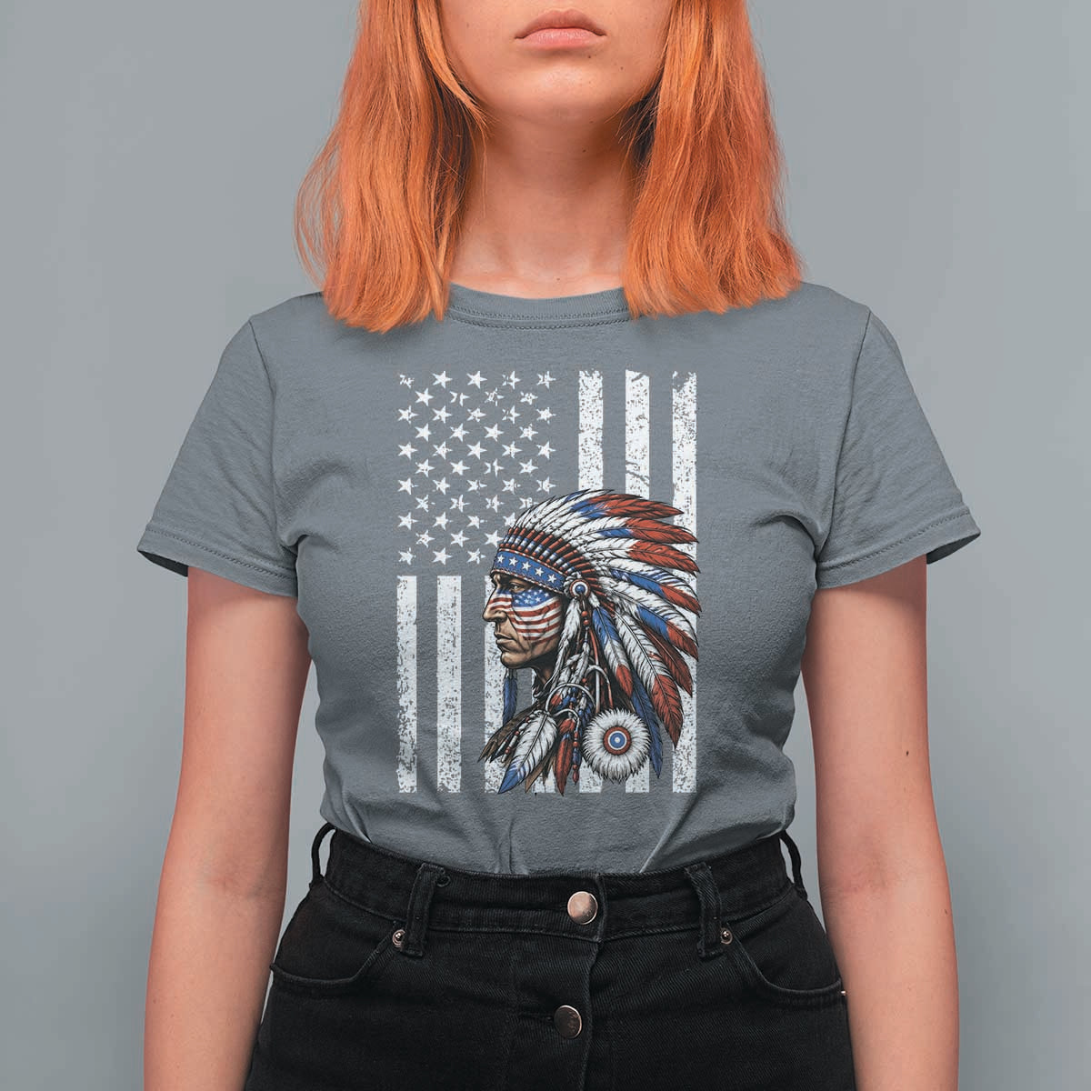 Indigenous People Tribal CG Native American Indian Chief American USA Flag T Shirt For Women