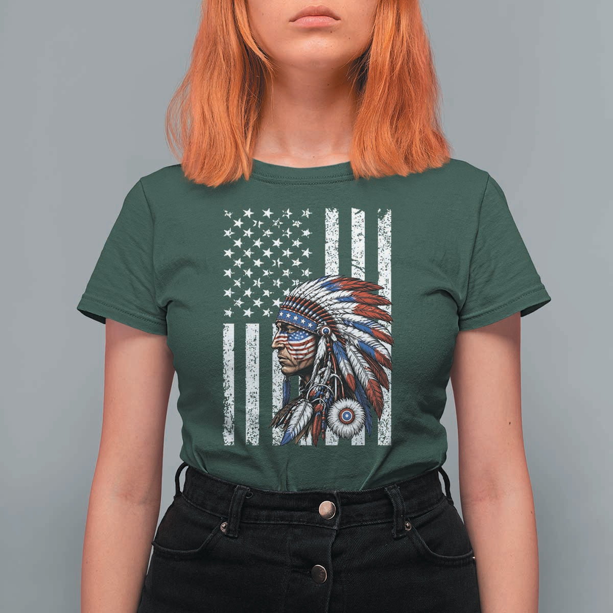 Indigenous People Tribal CG Native American Indian Chief American USA Flag T Shirt For Women