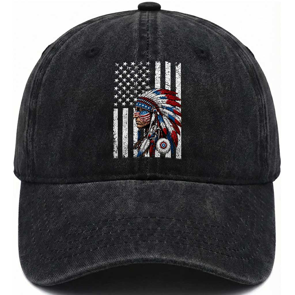 Indigenous People Tribal CG Native American Indian Chief American USA Flag Washed Cotton Baseball Cap