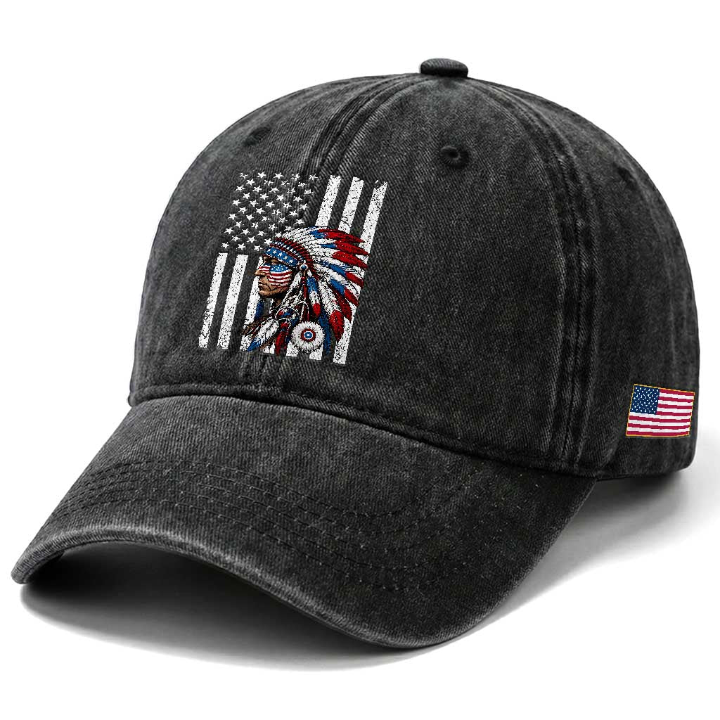 Indigenous People Tribal CG Native American Indian Chief American USA Flag Washed Cotton Baseball Cap